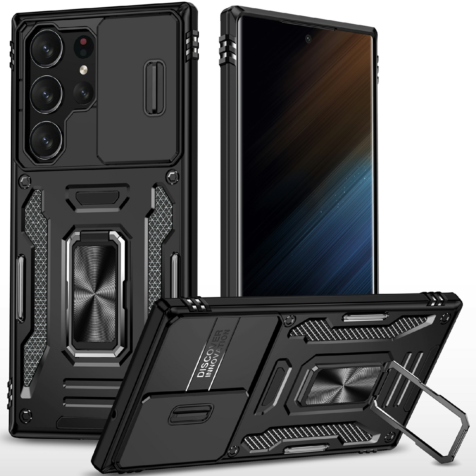 For Samsung Galaxy S25 Ultra Case Kickstand Slide Lens Lid PC+TPU Drop-Proof Phone Cover - Black