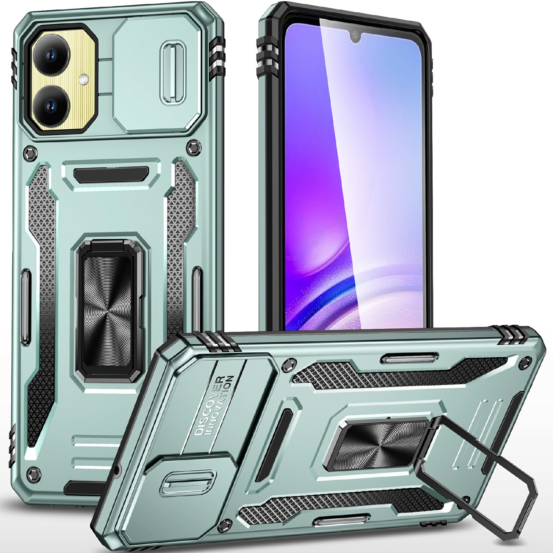 For Samsung Galaxy A06 4G Case Kickstand Slide Lens Lid PC+TPU Drop-Proof Phone Cover - Green