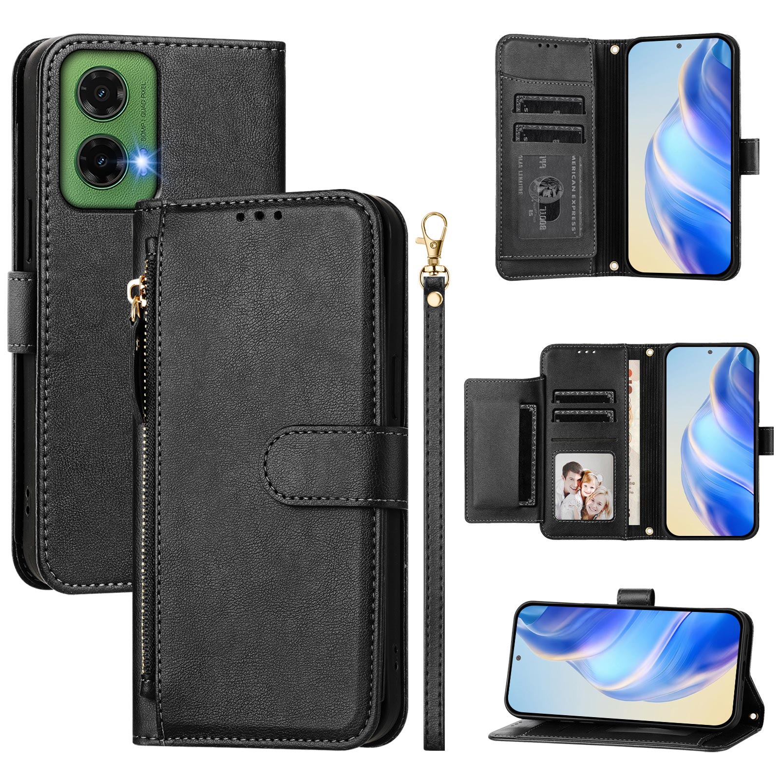 For Motorola Moto G35 5G Case Zipper Pocket Multiple Card Slots Leather Phone Cover - Black