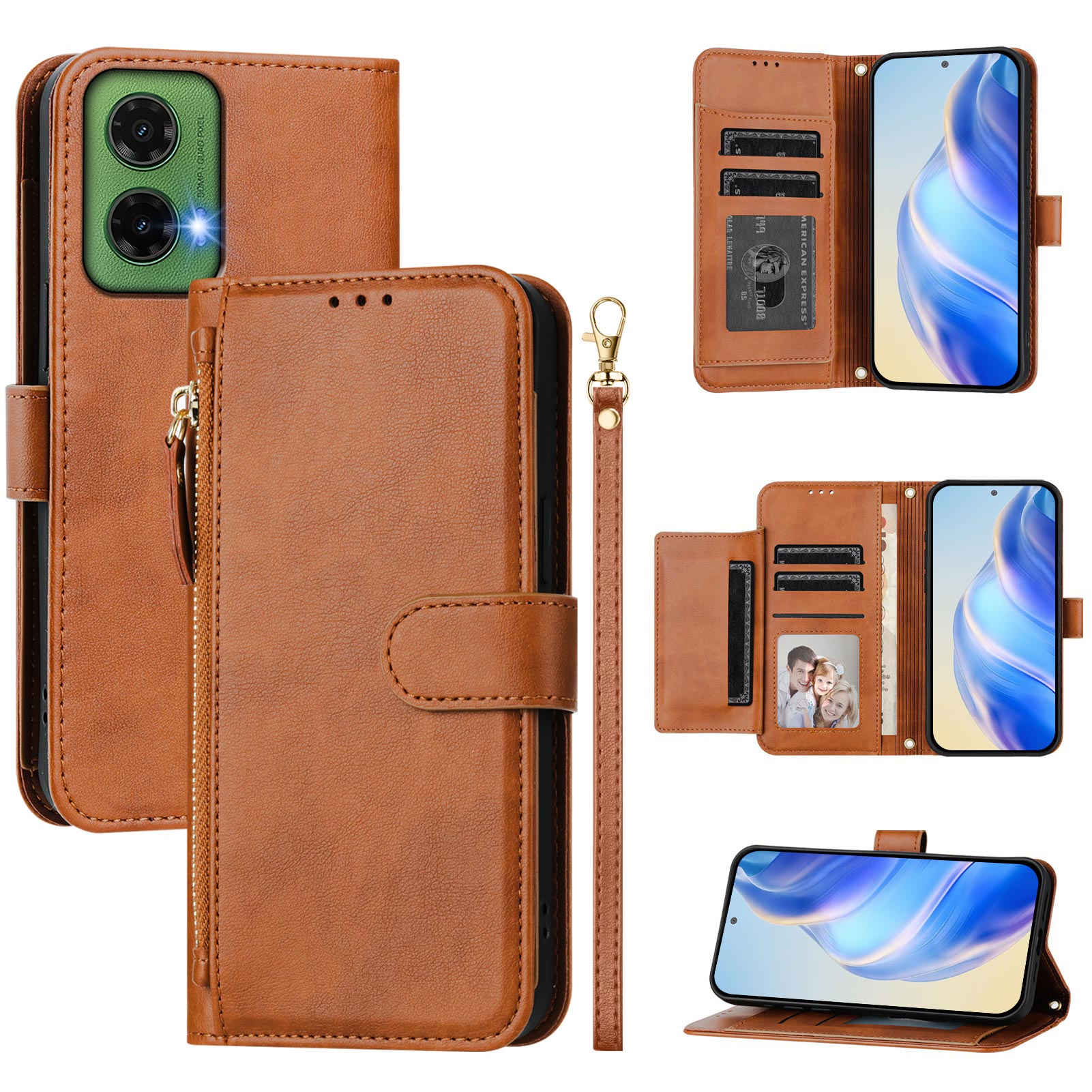 For Motorola Moto G35 5G Case Zipper Pocket Multiple Card Slots Leather Phone Cover - Brown