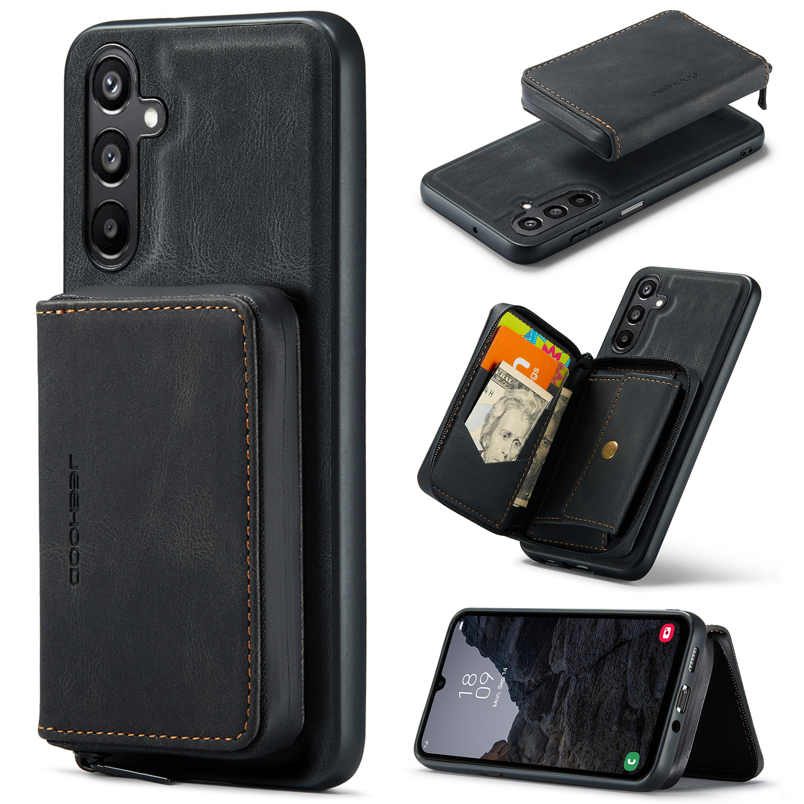 CASEME For Samsung Galaxy A16 5G Case JEEHOOD J02 Leather Back Cover with Detachable Zipper Card Holder Kickstand - Black