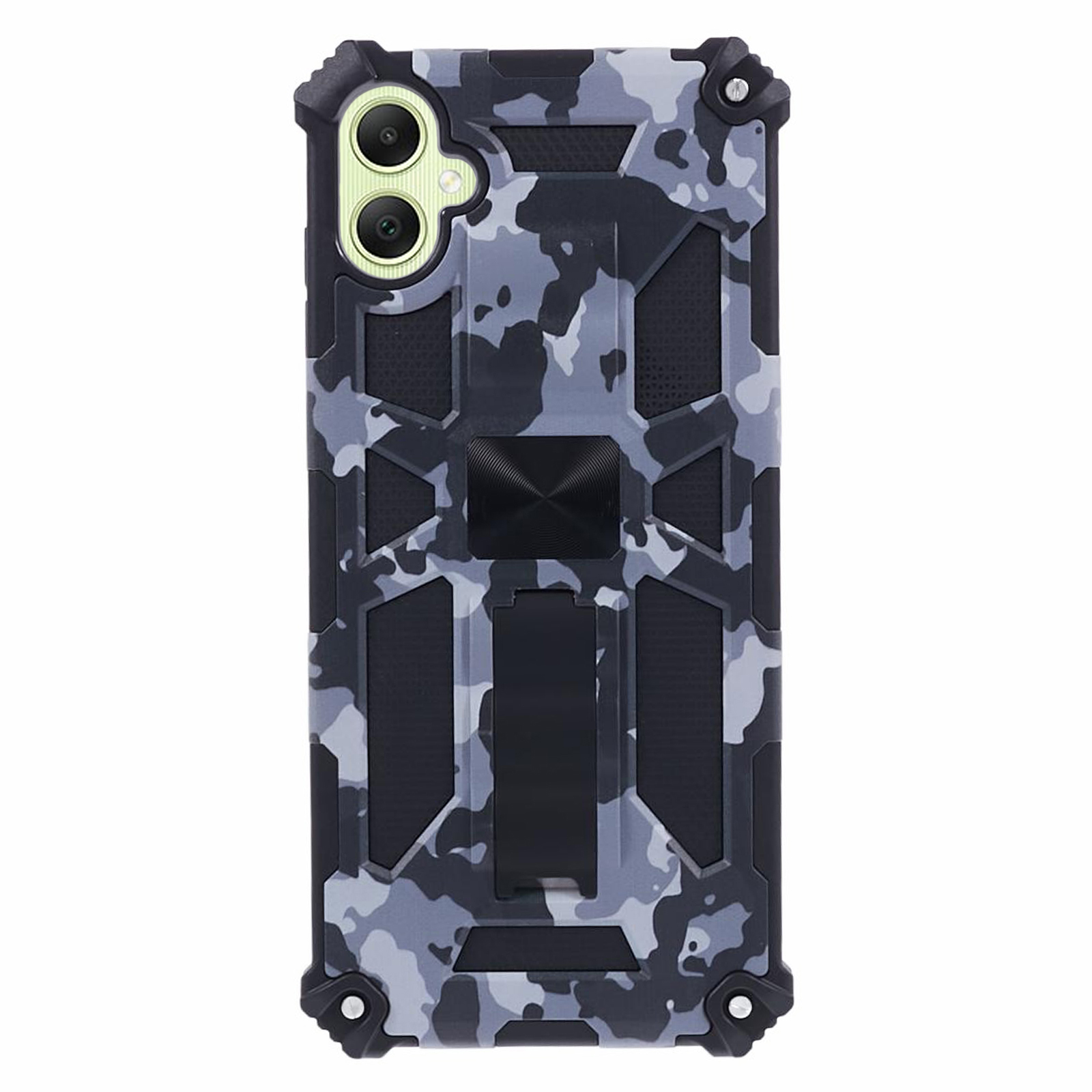 For Samsung Galaxy A06 4G Case Kickstand PC+TPU Camouflage Military Grade Phone Cover - Black