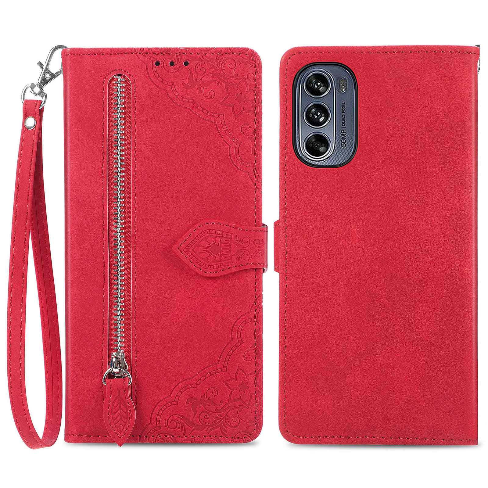 

Für Motorola Moto G62 5G Schocksicheres PU Leder -telefonhülle Reißverschluss Blume Geprinktes Brieftaschenständer Telefonabdeckung - Rot, Motorola Moto G62 5G