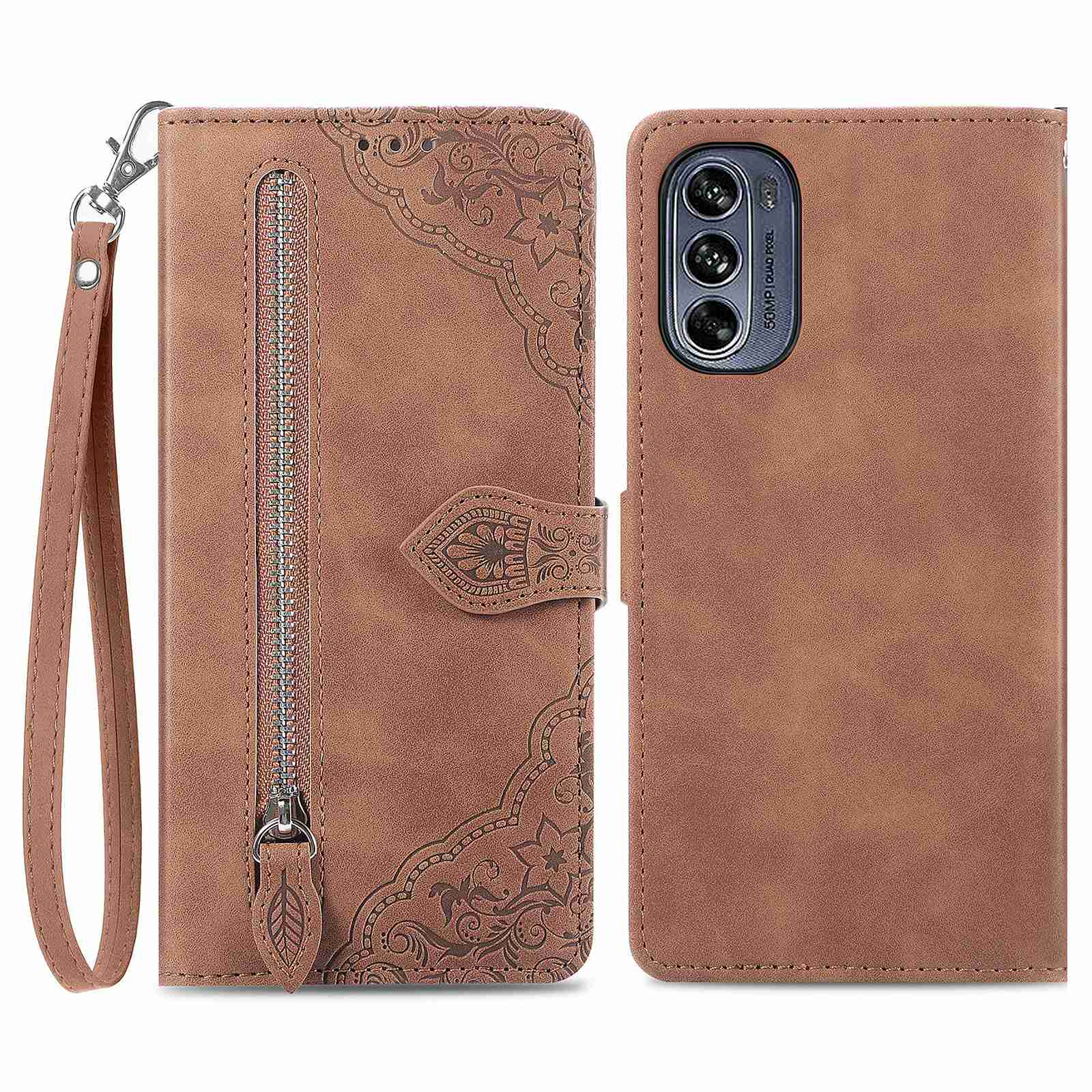 

Für Motorola Moto G62 5G Schocksicheres PU Leder -telefonhülle Reißverschluss Blume Geprinktes Brieftaschenständer Telefonabdeckung - Braun, Motorola Moto G62 5G