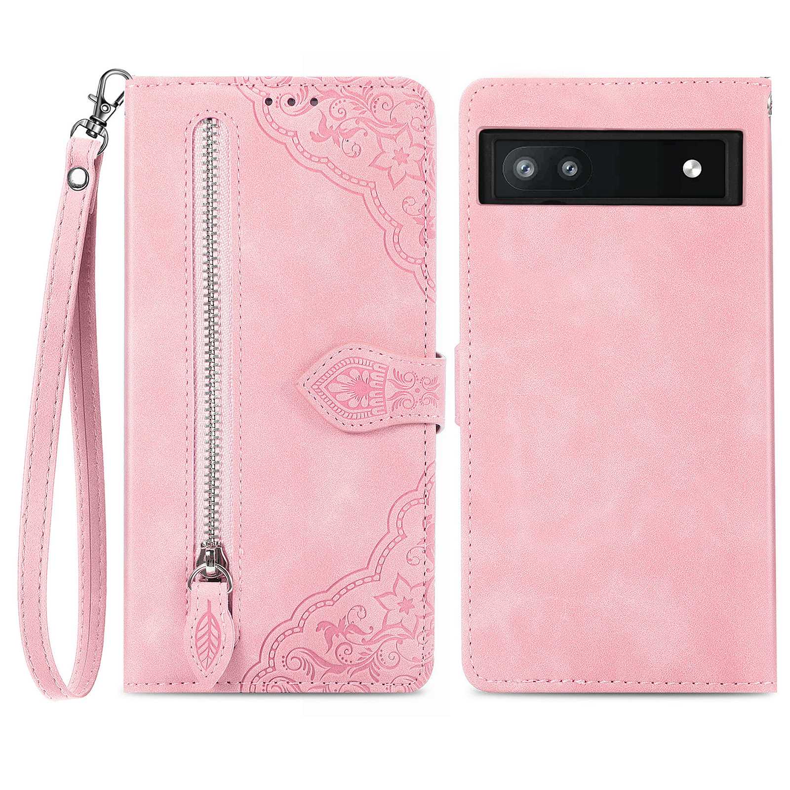 

Telefon Brieftasche Hülle Für Google Pixel 6a 5G, Reißverschluss -taschen -design Blume Geprinktes PU Lederstand Telefon Flip Cover - Rosa, Google Pixel 6a