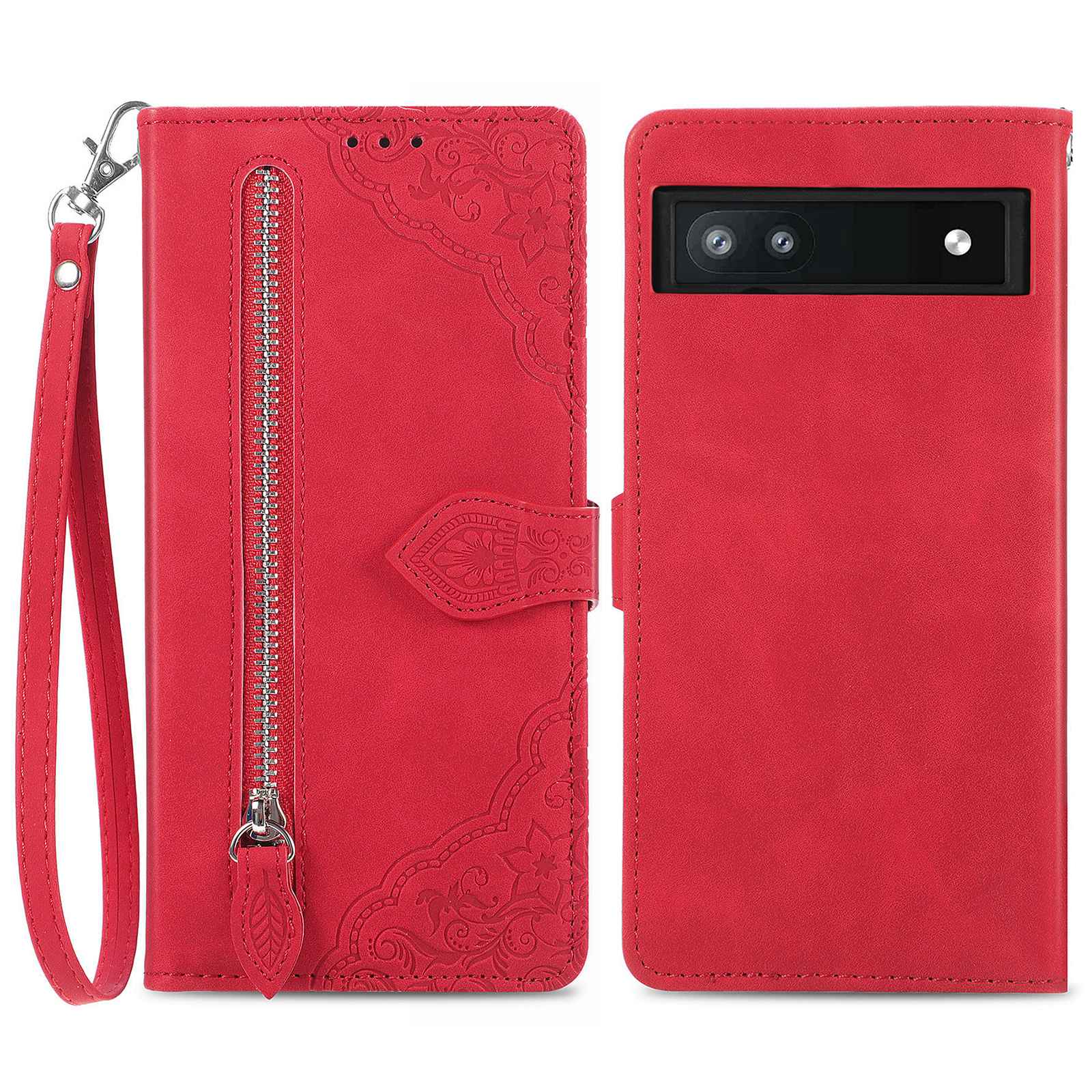 

Telefon Brieftasche Hülle Für Google Pixel 6a 5G, Reißverschluss -taschen -design Blume Geprinktes PU Lederstand Telefon Flip Cover - Rot, Google Pixel 6a