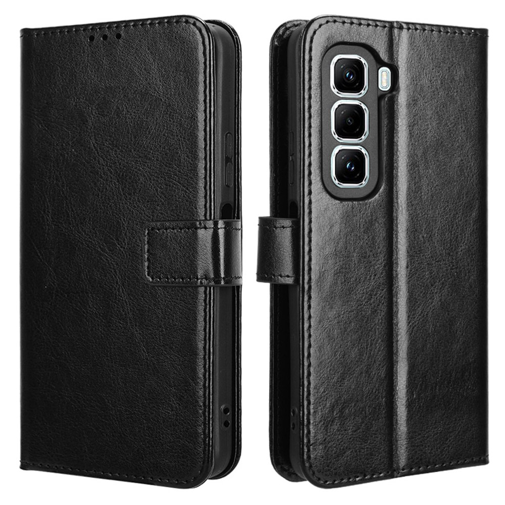 For Infinix Hot 50 Pro+ 4G X6880 Case Crazy Horse Texture PU Leather Phone Wallet Cover - Black