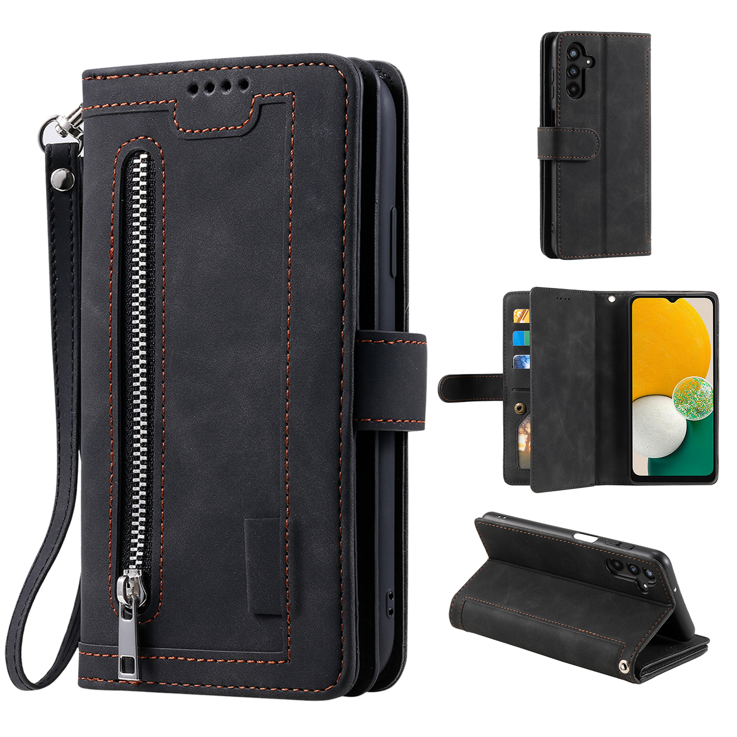 For Samsung Galaxy A36 5G Case PU Leather Phone Cover with Zipper Wallet 9 Card Slots - Black