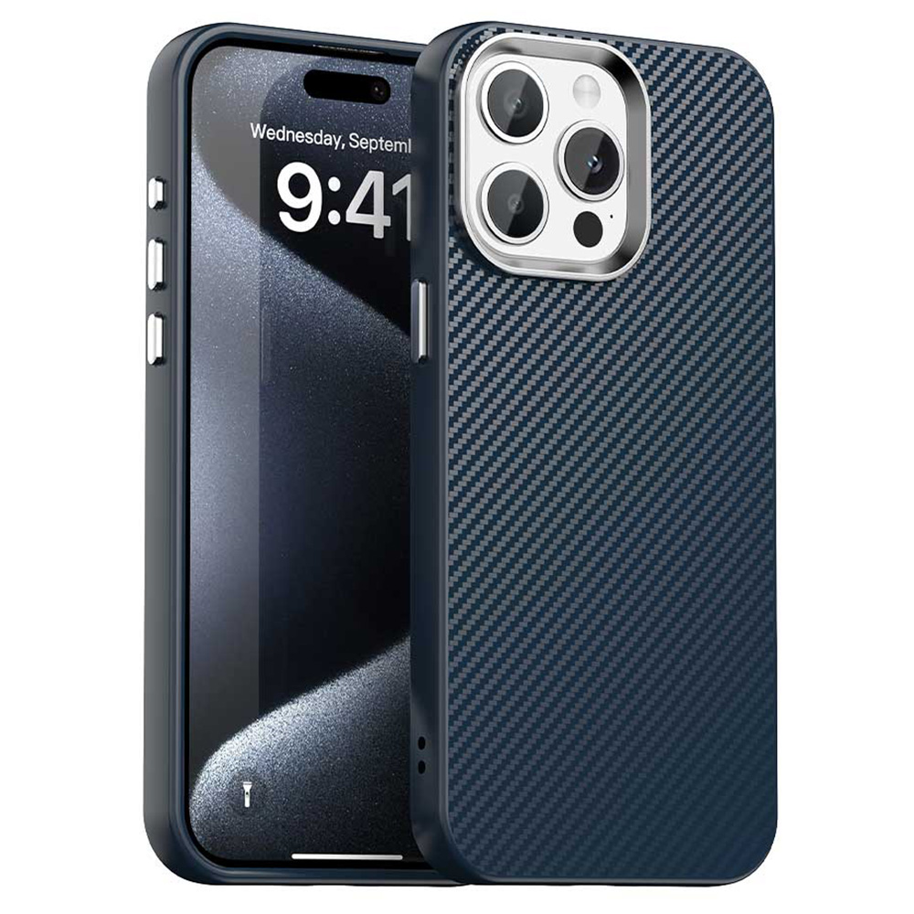 For iPhone 15 Pro Max Case Cell Phone Hybrid Back Cover Carbon Fiber Texture - Blue