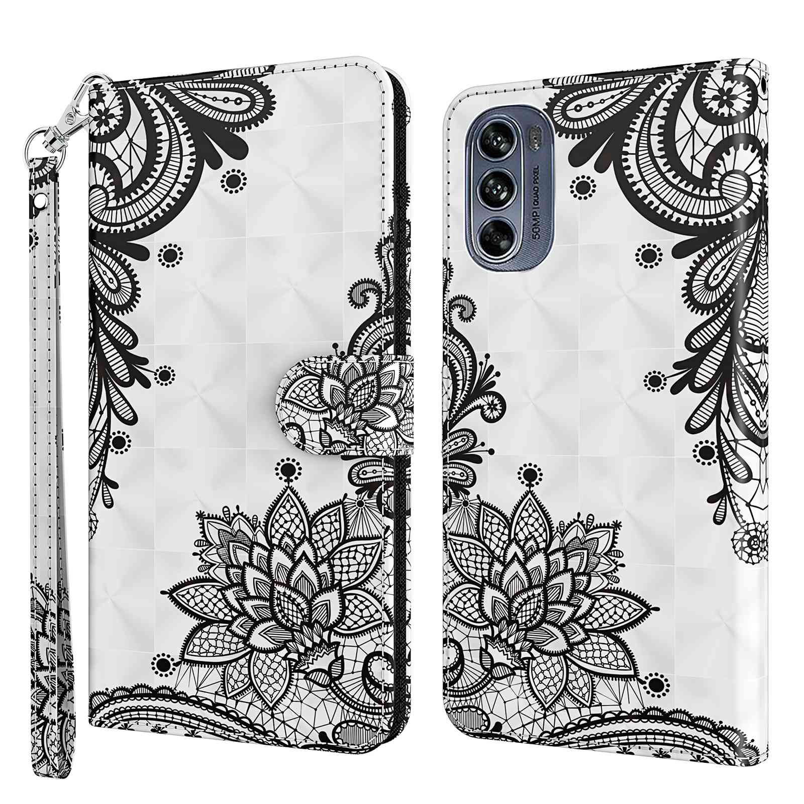 

Für Motorola Moto G62 5G 3D -muster Druckphase PU Leder Magnetmagnetabst Stand Telefon Flip Leder Brieftasche Mit Riemen - Spitzenblume, Motorola Moto G62 5G