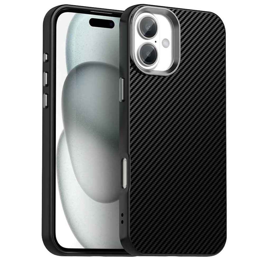For iPhone 16 Case Cell Phone Hybrid Back Cover Carbon Fiber Texture - Black