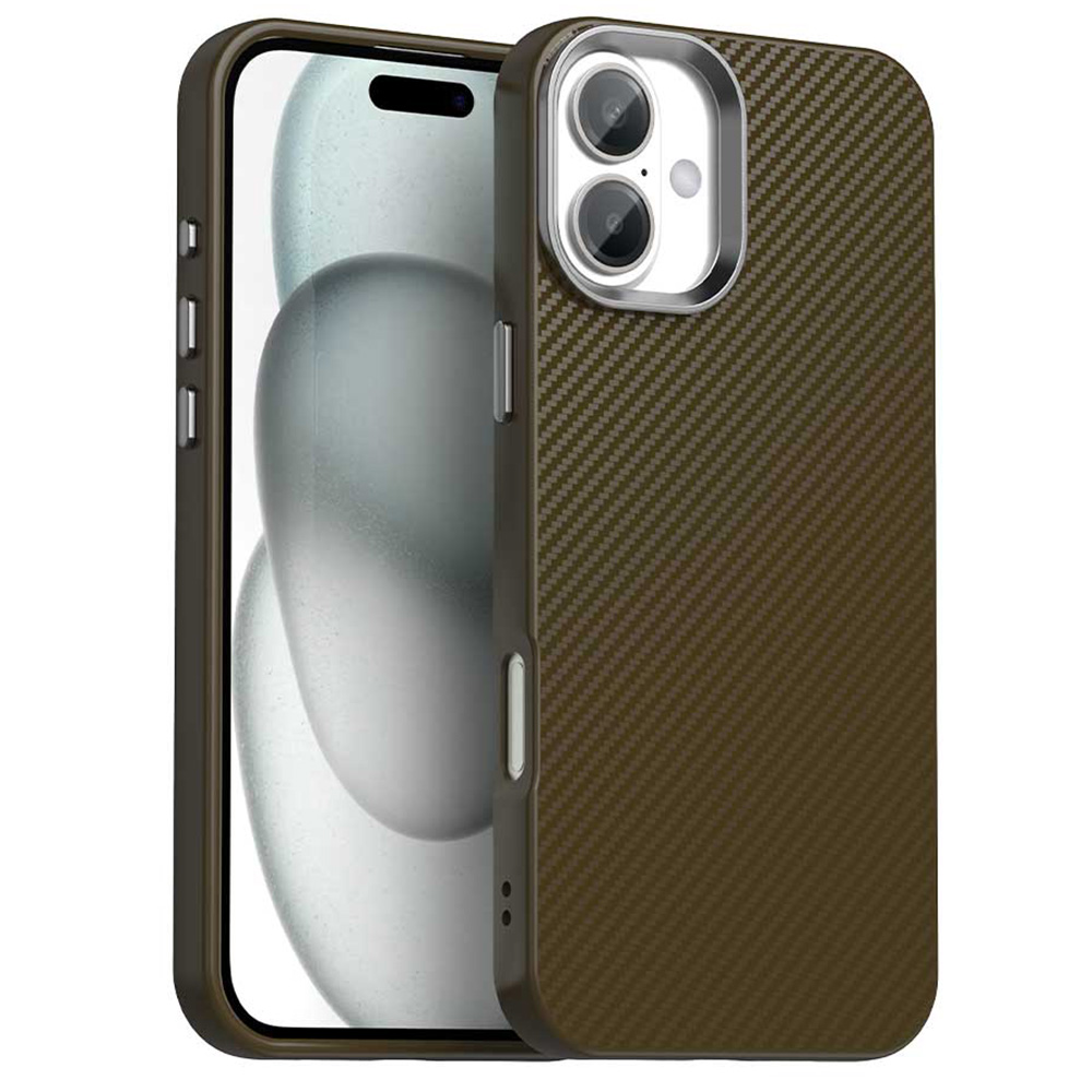 For iPhone 16 Plus Case Cell Phone Hybrid Back Cover Carbon Fiber Texture - Brown