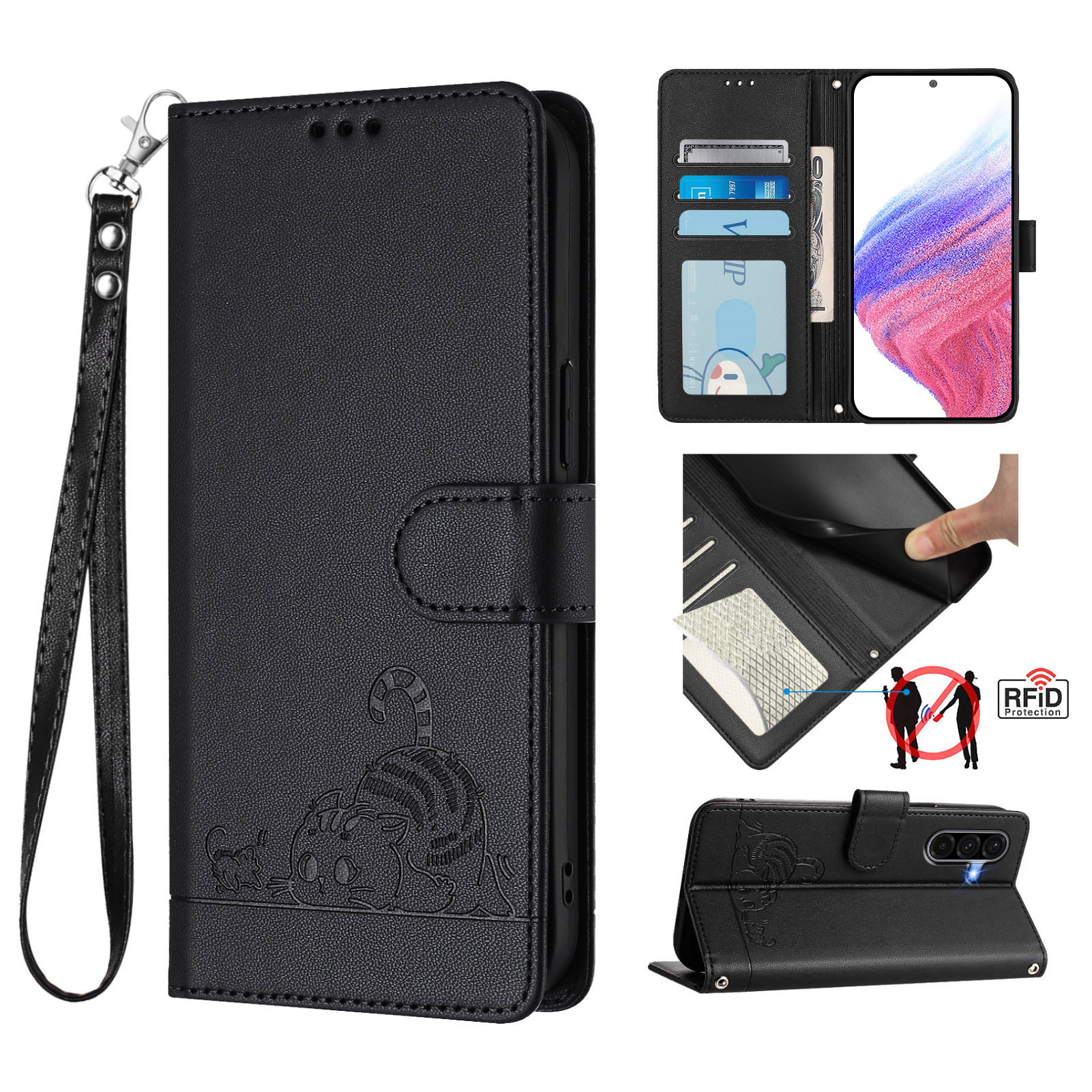 For Samsung Galaxy A16 4G / Galaxy A16 5G Case with Strap RFID Blocking Leather Wallet Phone Cover Cat Mouse Pattern - Black