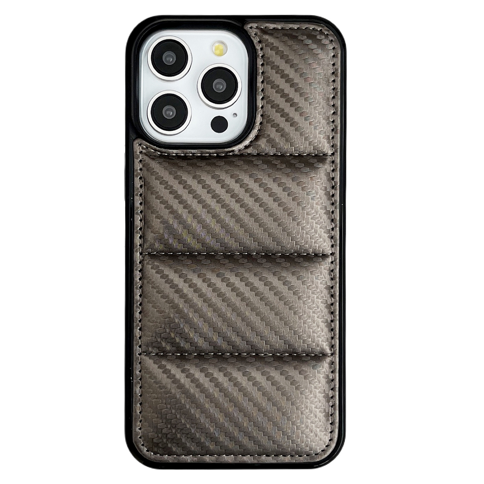 For iPhone 16 Pro Case Carbon Fiber Puffer Jacket Leather+TPU Shockproof Phone Cover - Grey