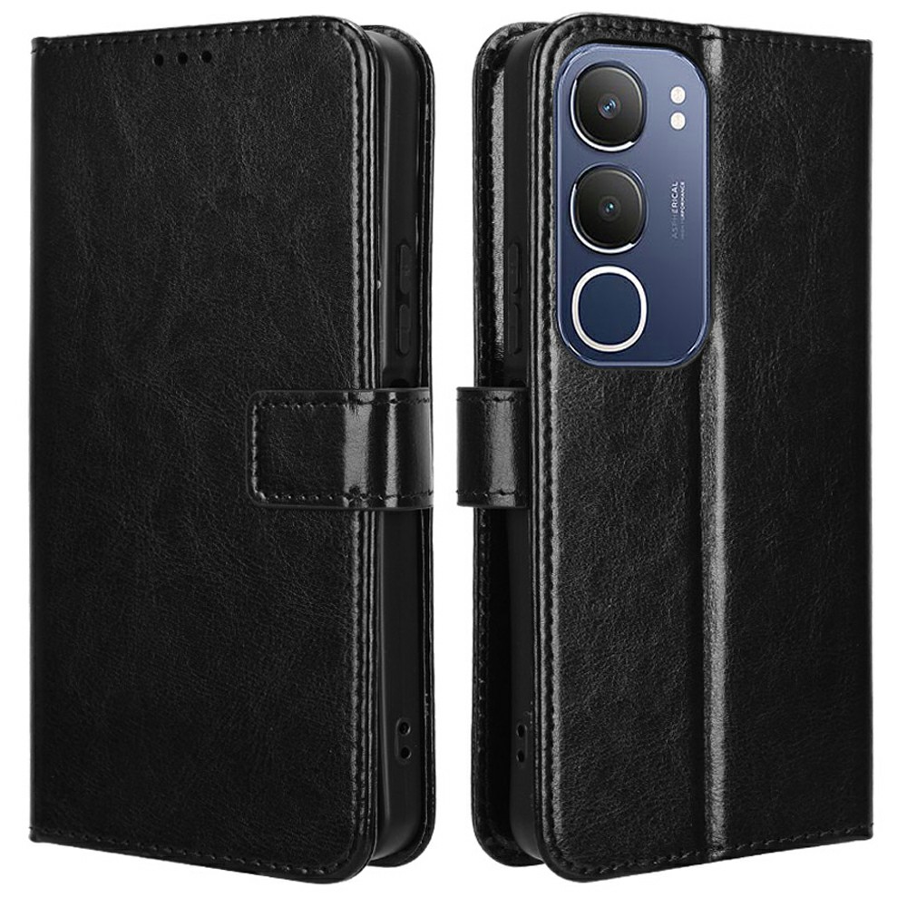 For vivo Y19s 4G / Y29 5G Case Crazy Horse Texture PU Leather Phone Wallet Cover - Black