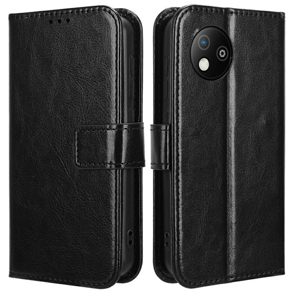 For ZTE Blade A35 Lite / A35 Core Case Crazy Horse Texture PU Leather Phone Wallet Cover - Black
