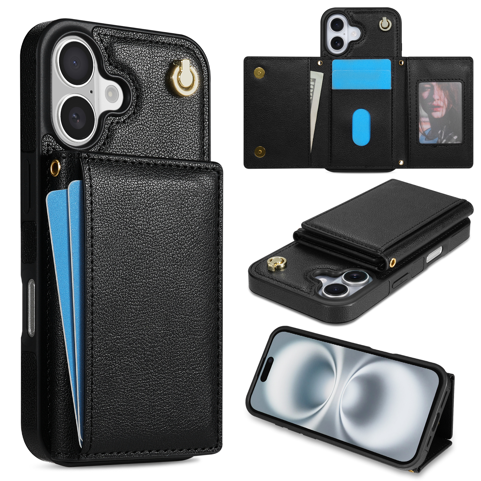 BKS-003 For iPhone 16 Plus Case Tri-Fold Card Holder Kickstand TPU+Leather Back Cover with Shoulder Strap - Black
