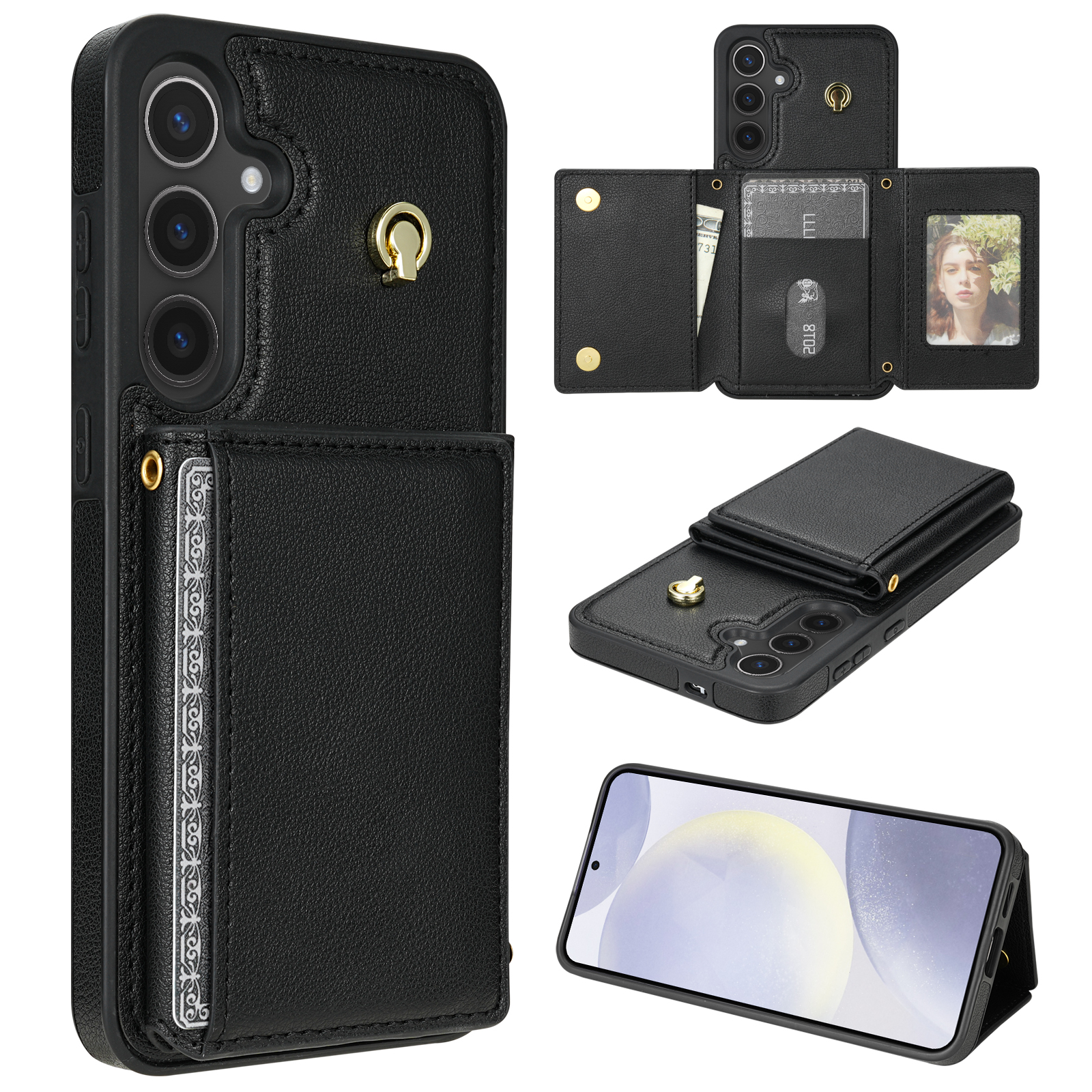 BKS-003 For Samsung Galaxy S24+ Case Tri-Fold Card Holder Kickstand TPU+Leather Back Cover with Shoulder Strap - Black