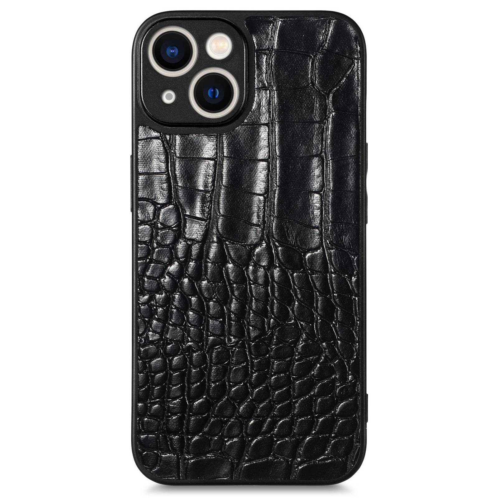 

For iPhone 14 Precise Lens Cutout Phone Case Crocodile Texture PU Leather Coated TPU Back Cover - Black, iPhone 14