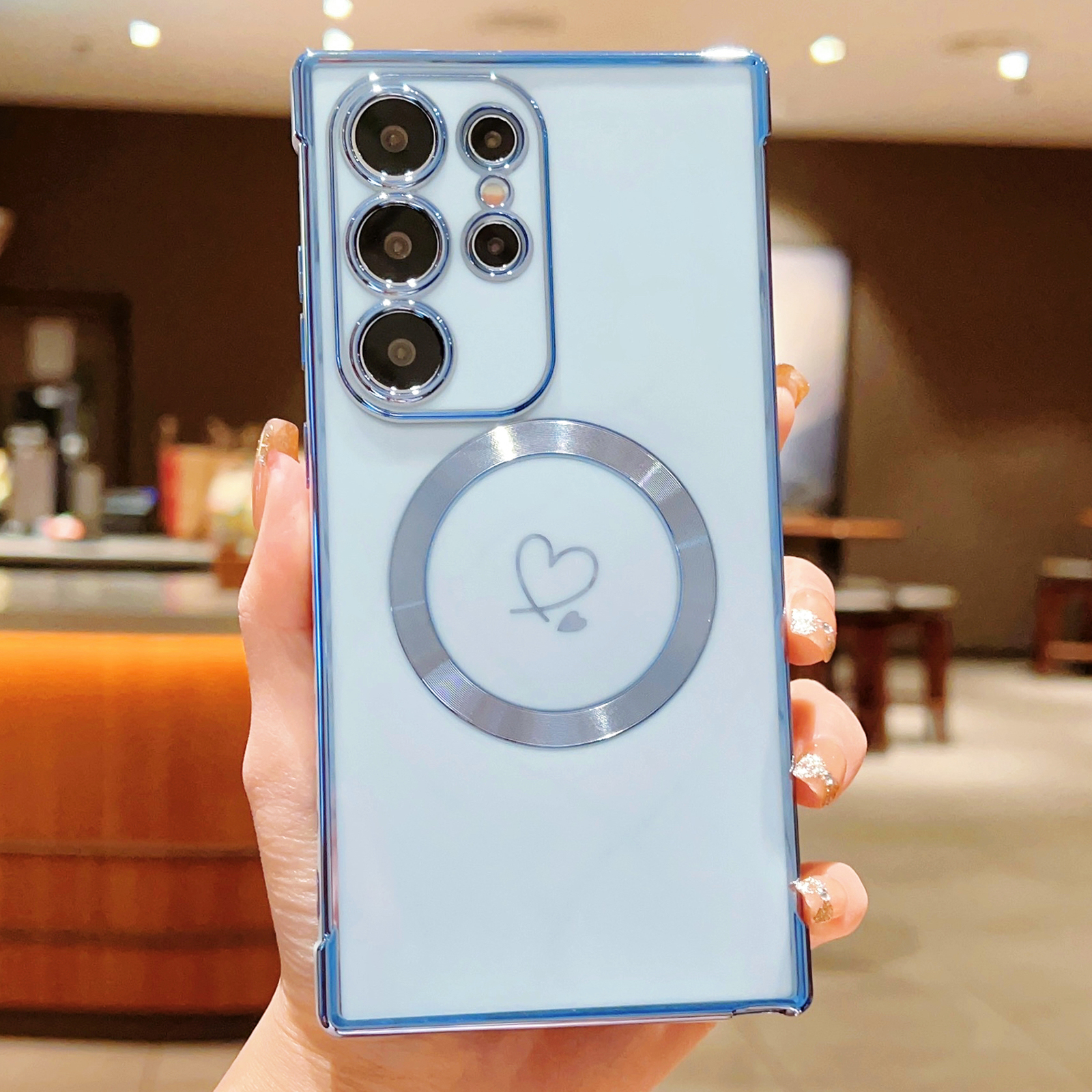 For Samsung Galaxy S25 Ultra Magnetic Case Electroplated TPU Phone Cover Hollow Love Hearts - Blue