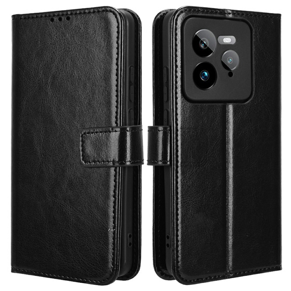 For Realme GT 7 Pro 5G Case Crazy Horse Texture PU Leather Phone Wallet Cover - Black