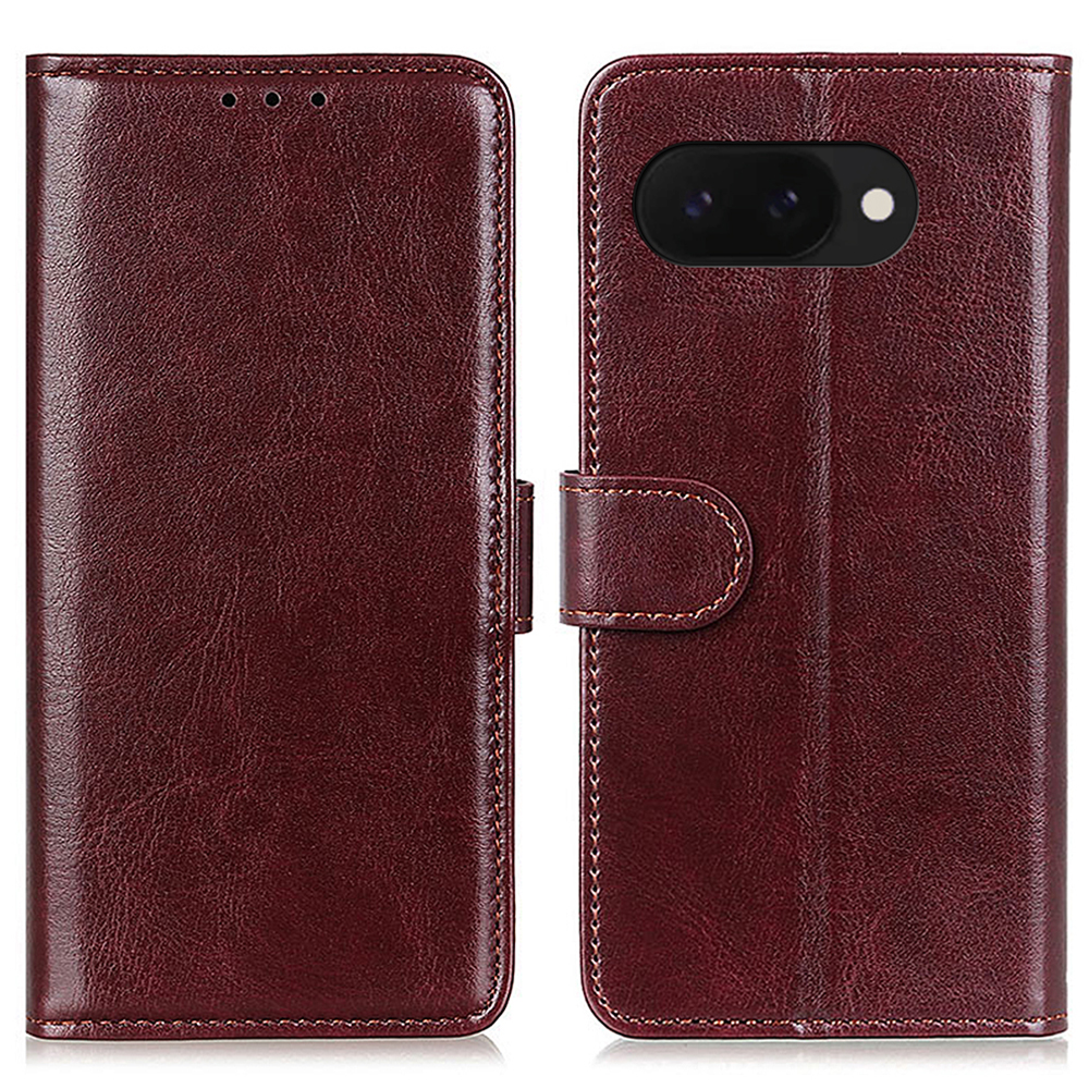 For Google Pixel 9a Case Crazy Horse Texture PU Leather Phone Stand Cover - Brown
