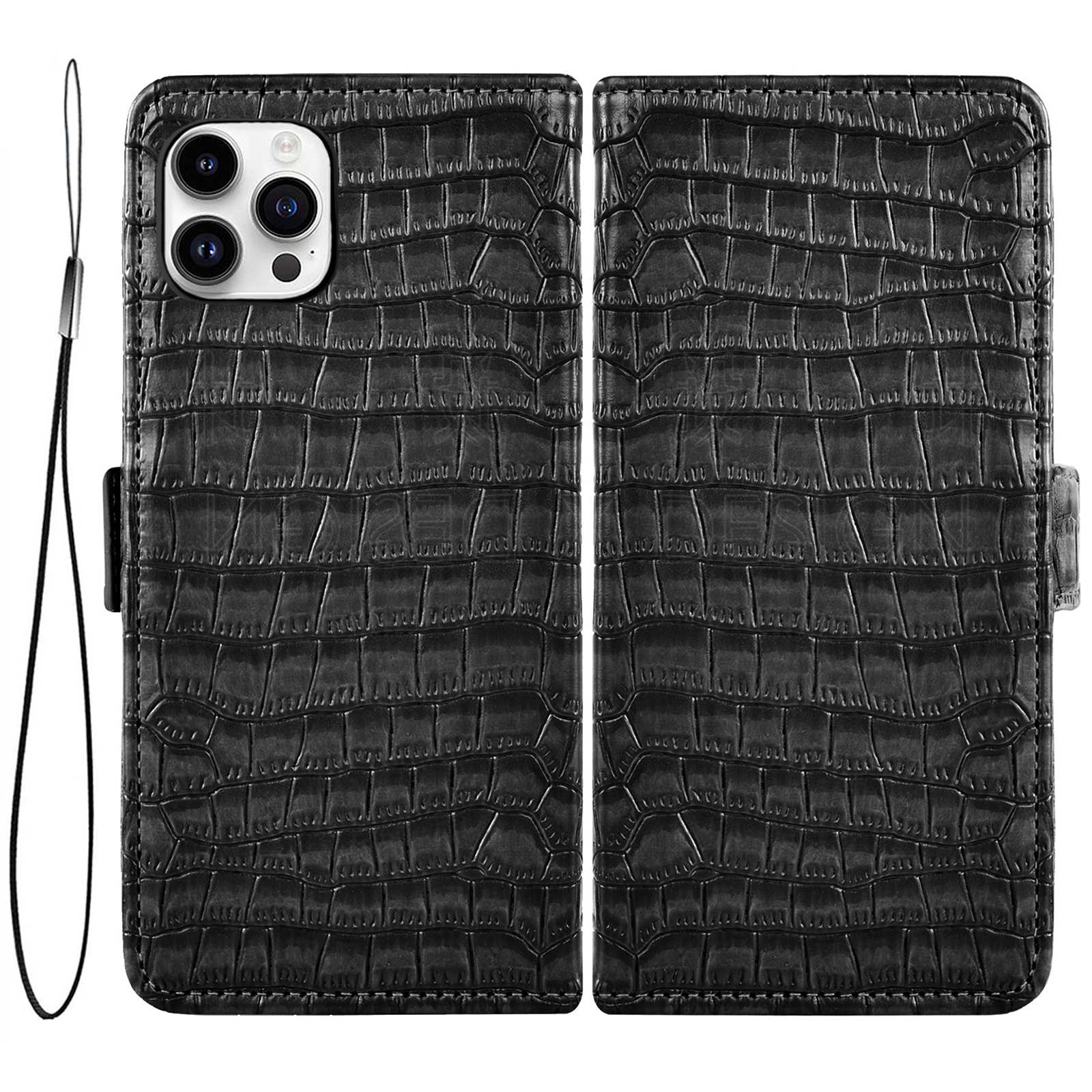 

For iPhone 14 Pro Max Crocodile Texture PU Leather Phone Wallet Case Dual Magnetic Clasp Full Protection Flip Stand Cover - Black, iPhone 14 Pro Max