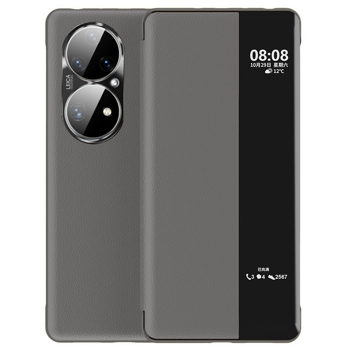 

Auto -wake / Schlaf PU Leder Telefonhülle Für Huawei P50 Pro 4G, Berührung Der Schaltfläche Volle Schutzabdeckung Mit Ansichtsfenster - Grau, Huawei P50 Pro 4G