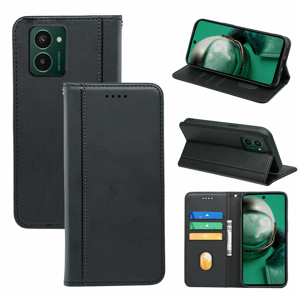 HX01 For HMD Pulse Pro Wallet Case Magnetic Closing PU Leather Phone Cover - Black