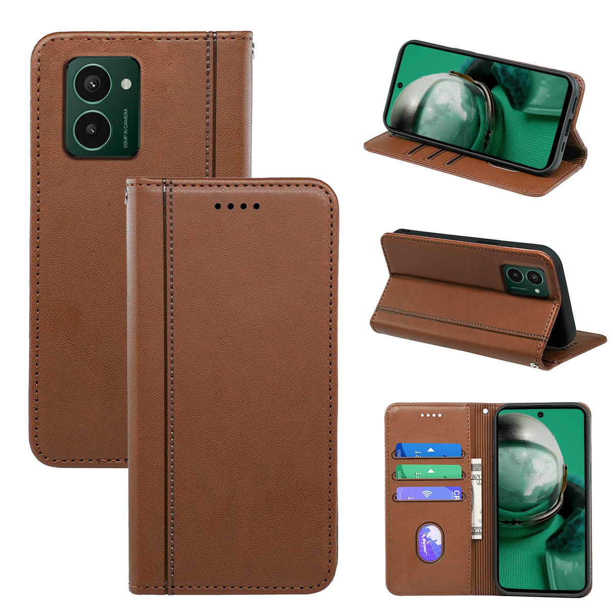 HX01 For HMD Pulse Pro Wallet Case Magnetic Closing PU Leather Phone Cover - Brown
