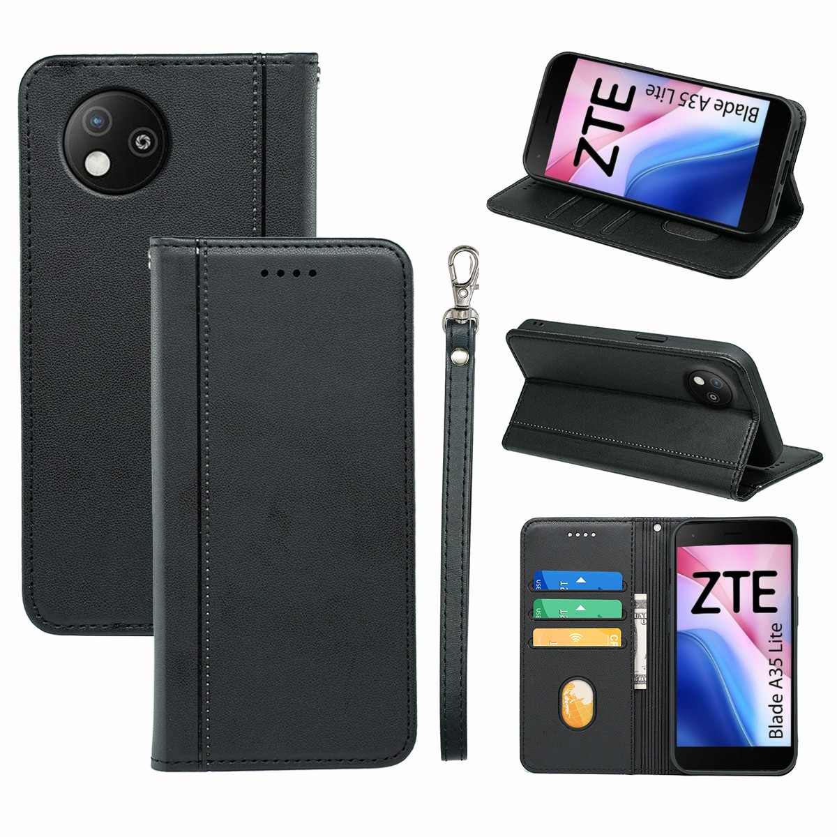 HX01 For ZTE Blade A35 Lite Wallet Case Magnetic Closing PU Leather Phone Cover - Black