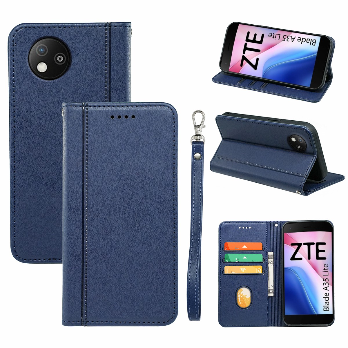 HX01 For ZTE Blade A35 Lite Wallet Case Magnetic Closing PU Leather Phone Cover - Blue