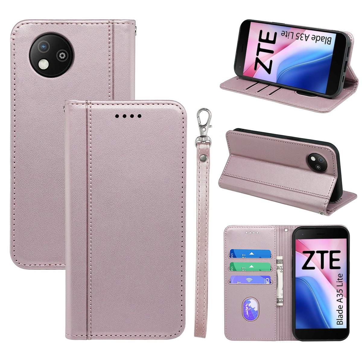 HX01 For ZTE Blade A35 Lite Wallet Case Magnetic Closing PU Leather Phone Cover - Rose Gold