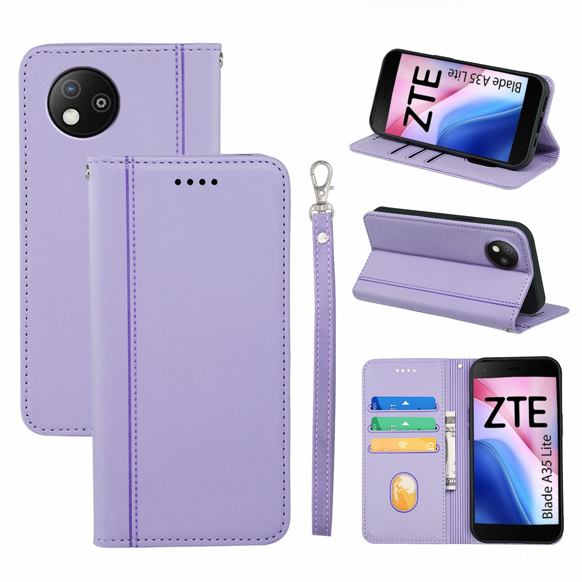 HX01 For ZTE Blade A35 Lite Wallet Case Magnetic Closing PU Leather Phone Cover - Purple