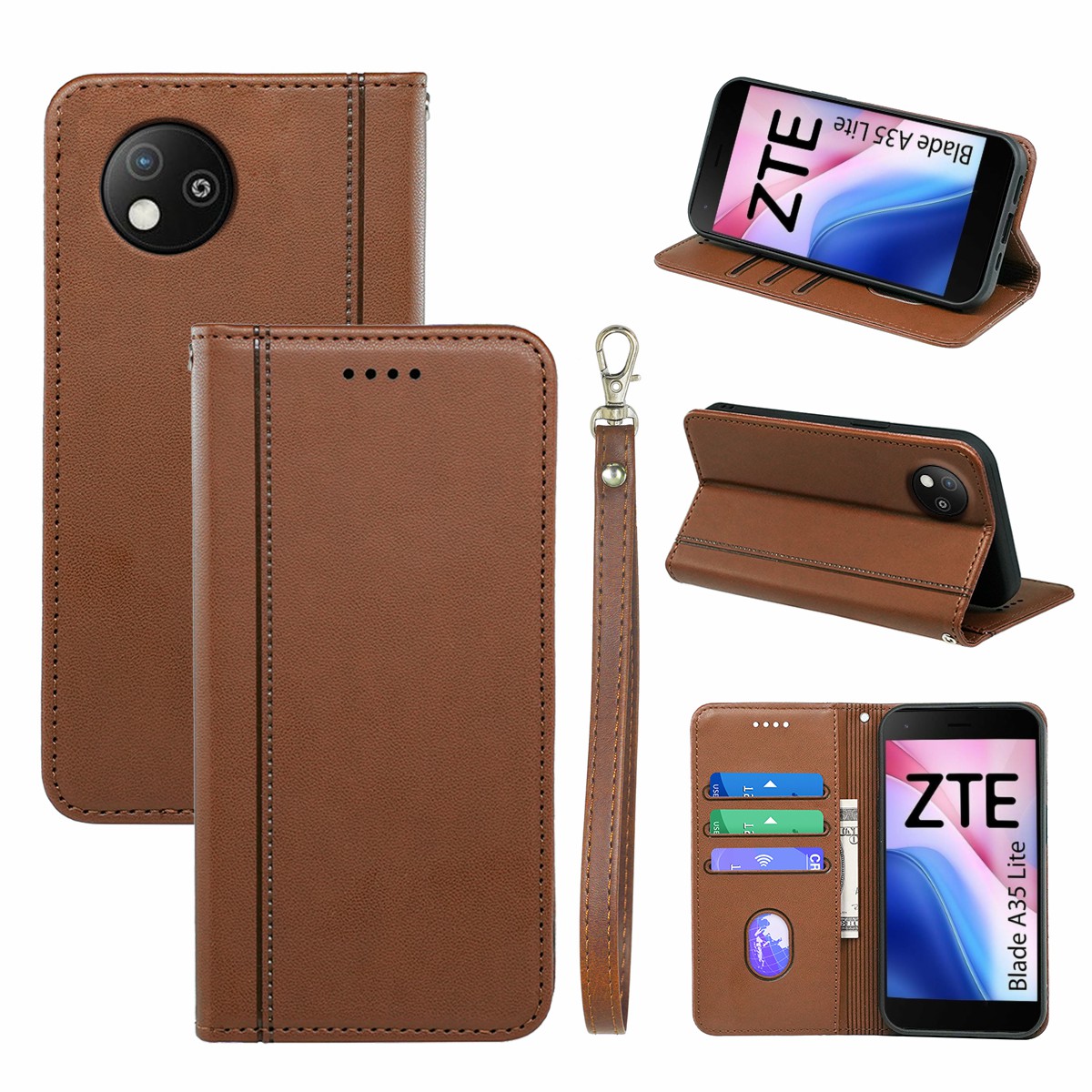 HX01 For ZTE Blade A35 Lite Wallet Case Magnetic Closing PU Leather Phone Cover - Brown