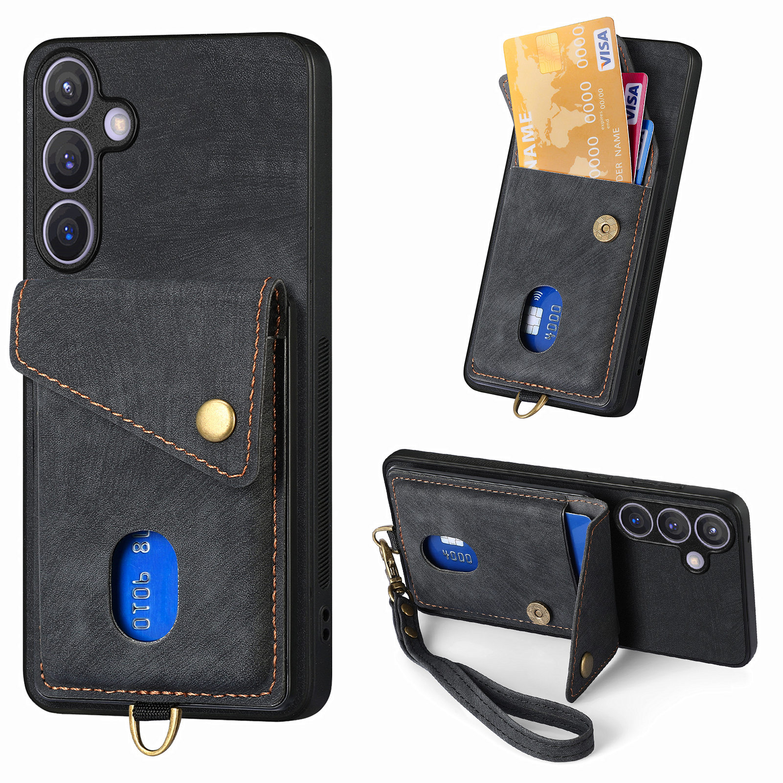 For Samsung Galaxy S25+ Case with Card Holder Kickstand Leather Phone Back Cover - Black