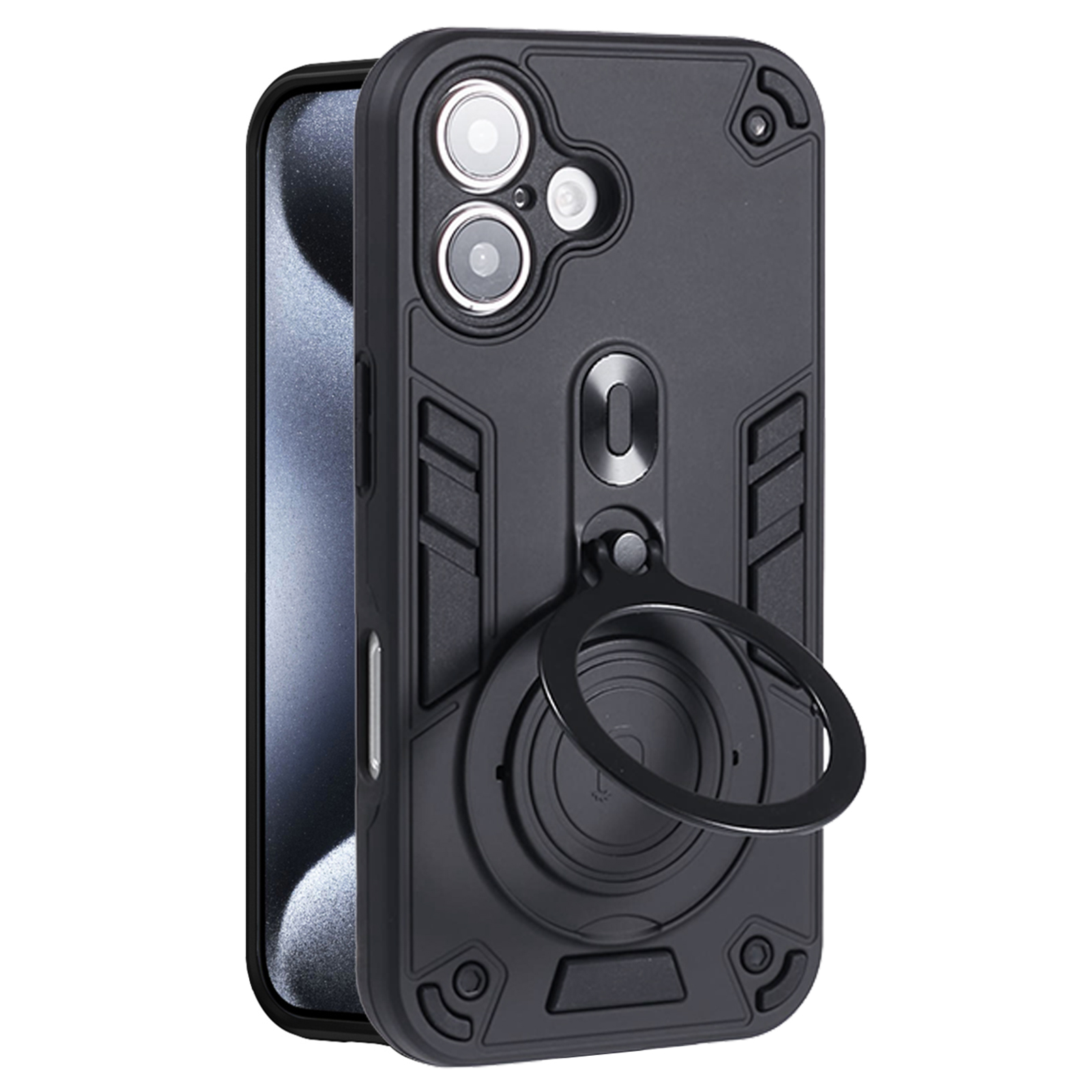 For iPhone 16 Case Rotatable Kickstand PC+TPU Drop Protection Phone Cover - Black