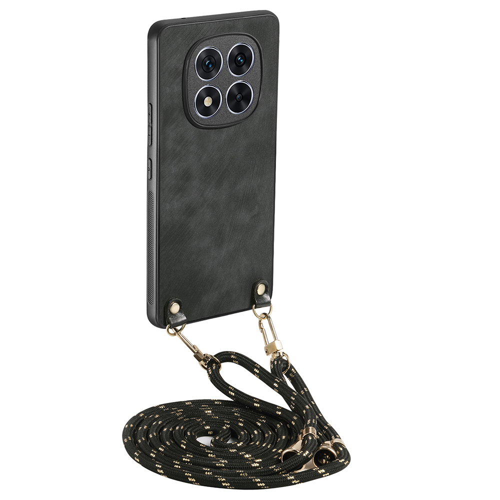 For Xiaomi Redmi Note 14 Pro 5G / Poco X7 5G Case Retro Texture Leather Coated PC+TPU Phone Cover with Hanging Rope - Black