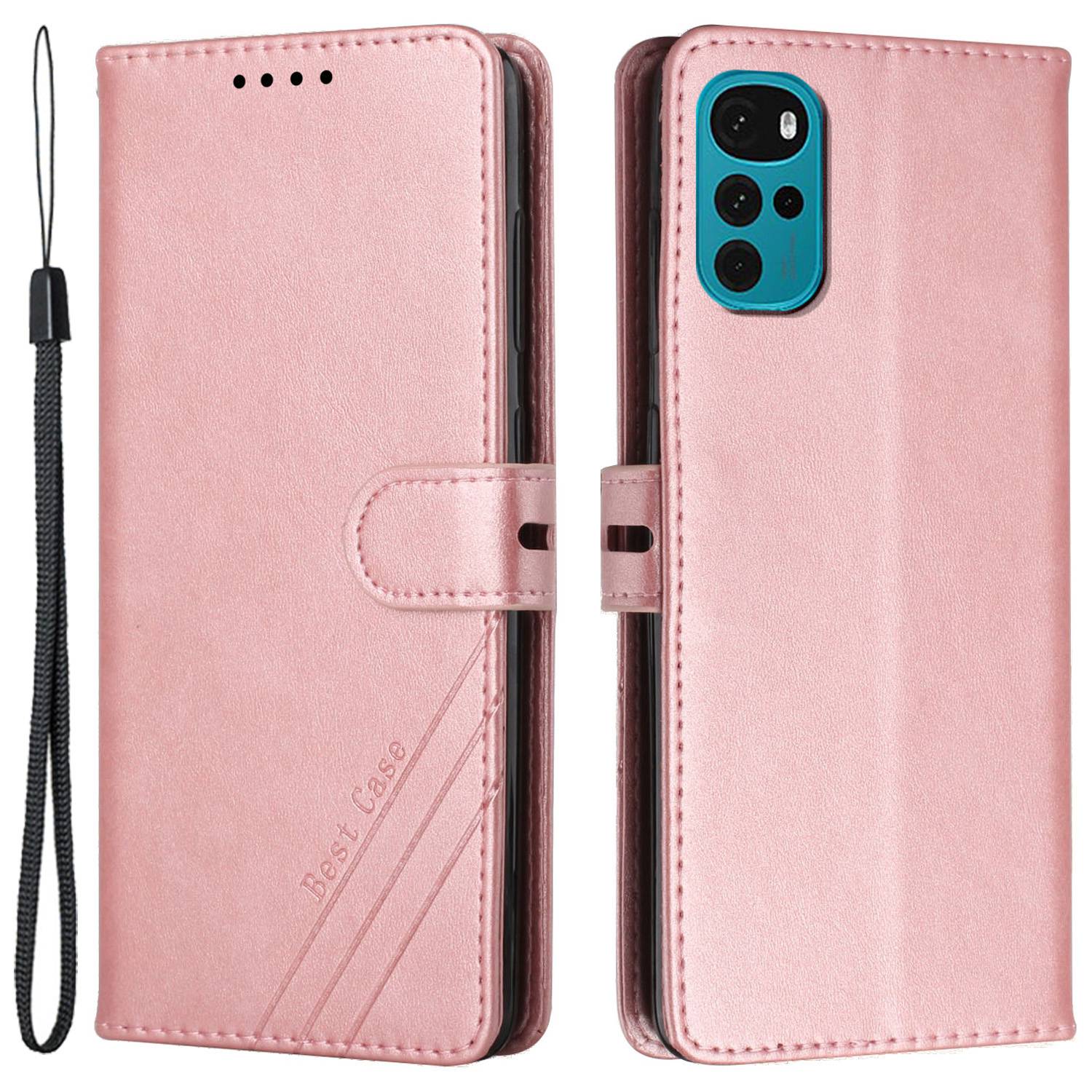 

Telefon Brieftasche Hülle Für Motorola Moto G22, Cowide Texture Leder Business Style Line Gedruckte Stand Flip Telefonabdeckung Mit Riemen - Rosa, Motorola Moto G22