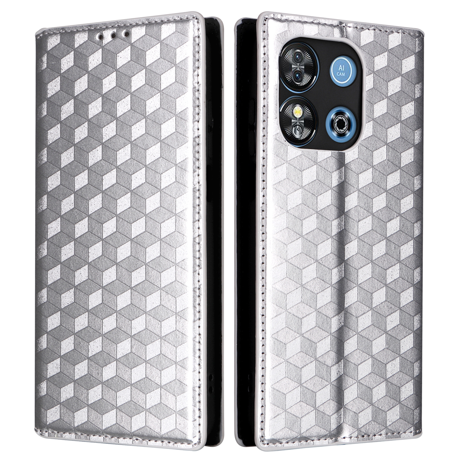 For Oukitel C57 Pro / C57s Wallet Case Rhombus Imprinted Leather Phone Cover - Silver