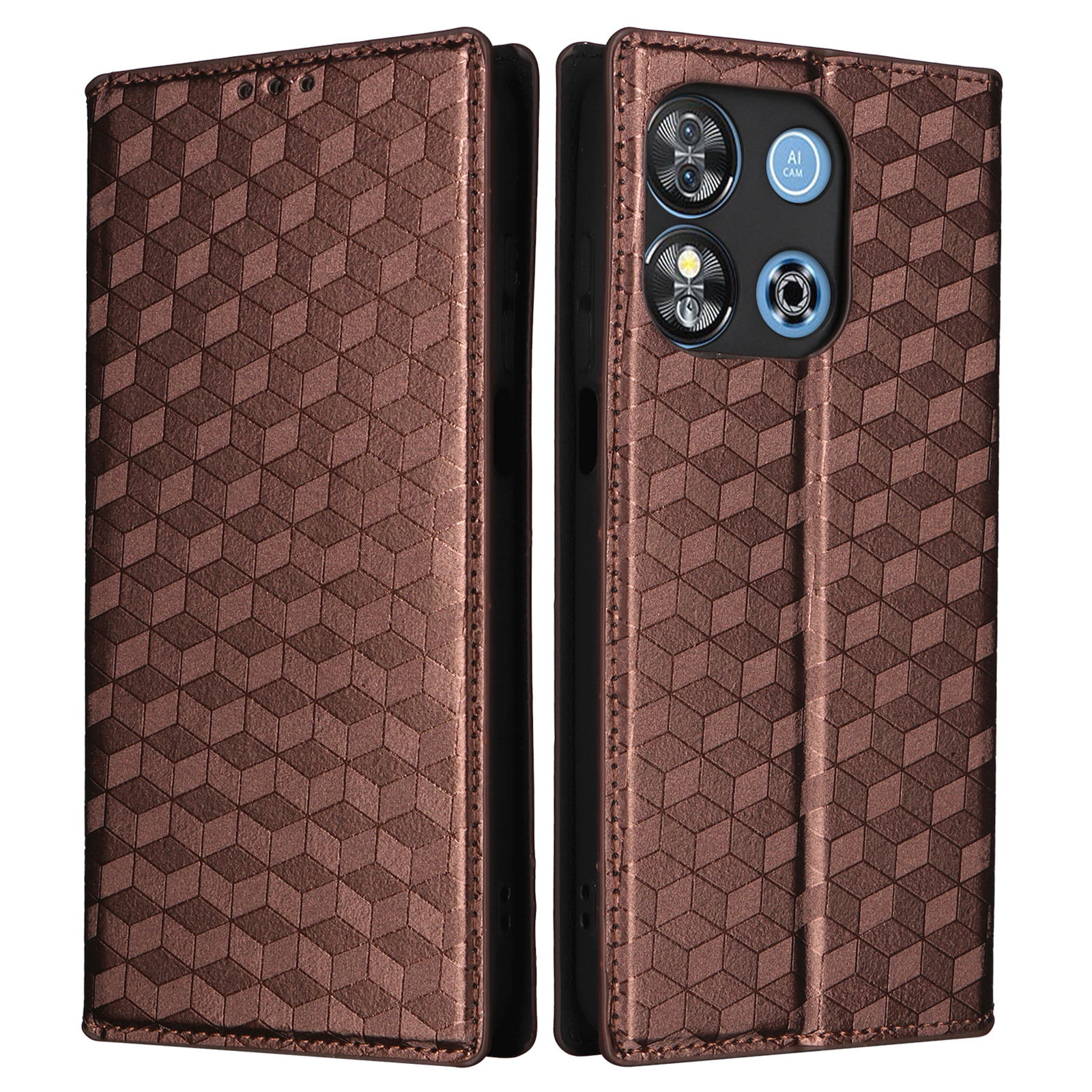 For Oukitel C57 Pro / C57s Wallet Case Rhombus Imprinted Leather Phone Cover - Brown