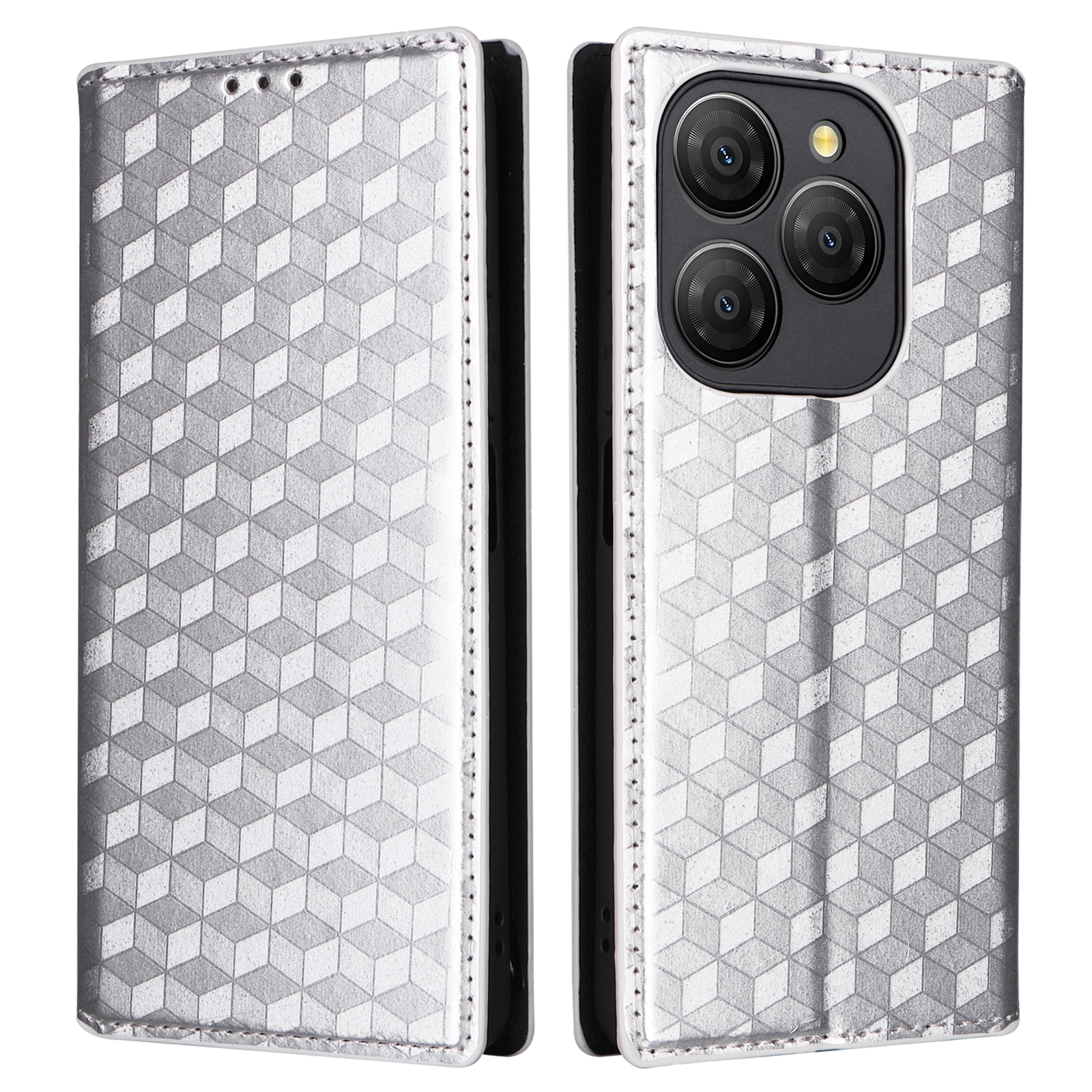 For Blackview Shark 9 5G Wallet Case Rhombus Imprinted Leather Phone Cover - Silver