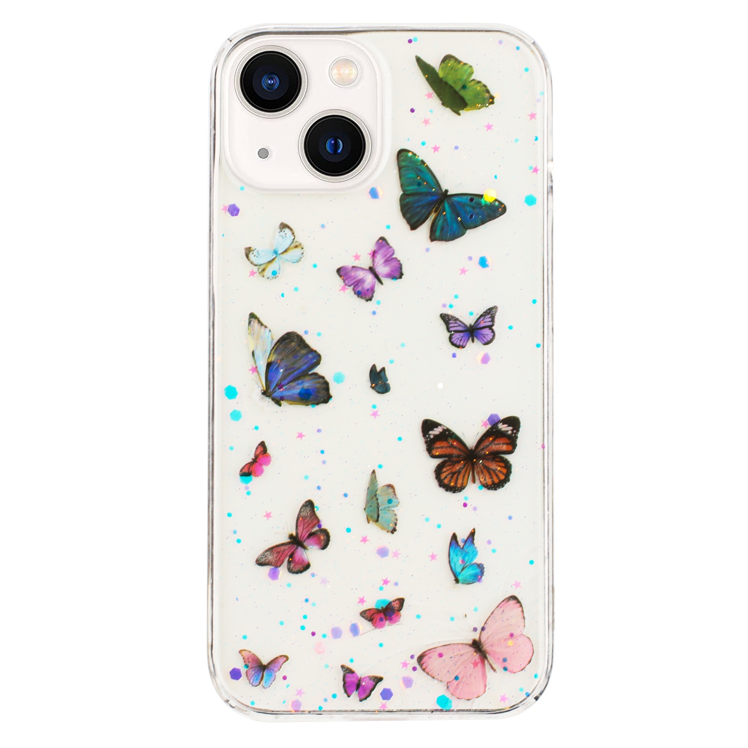 For iPhone 14 Case Anti Drop TPU Phone Back Cover Epoxy Glitter Butterfly - Blue