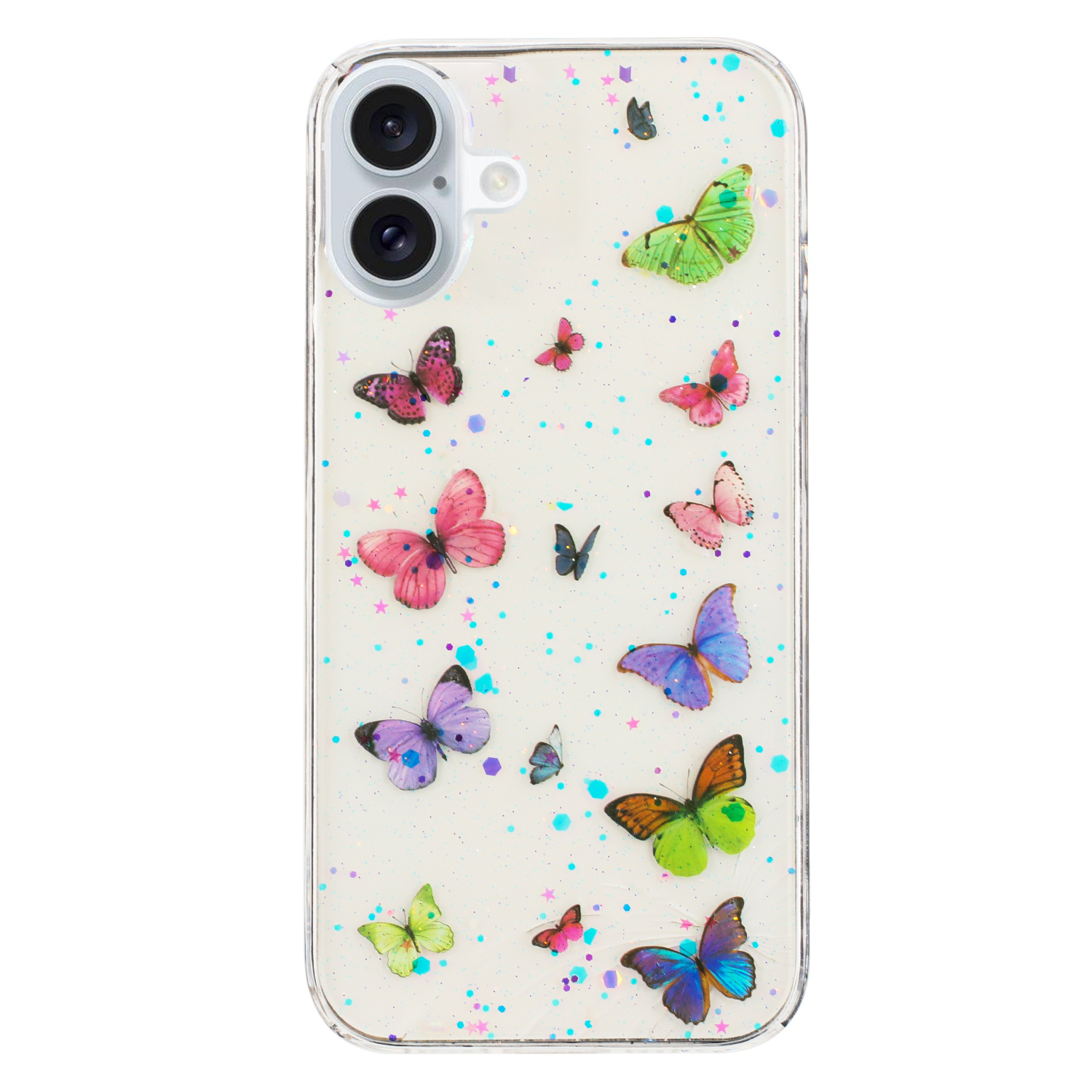 For iPhone 16 Plus Case Anti Drop TPU Phone Back Cover Epoxy Glitter Butterfly - Pink