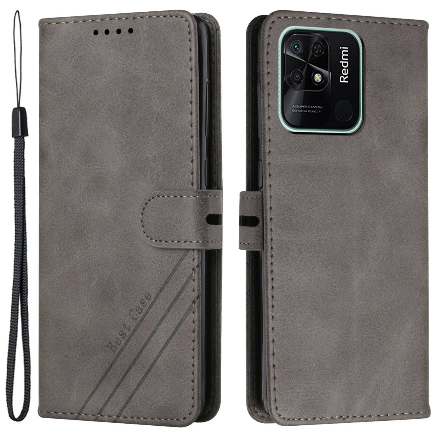 

Telefon Flip Leder Brieftasche Hülle Für Xiaomi Redmi 10c 4G, Cowide Texture Line Gedruckte Geschäftstil -mobiltelefonabdeckung Mit Faltbarem Ständer - Grau, Xiaomi Redmi 10C 4G