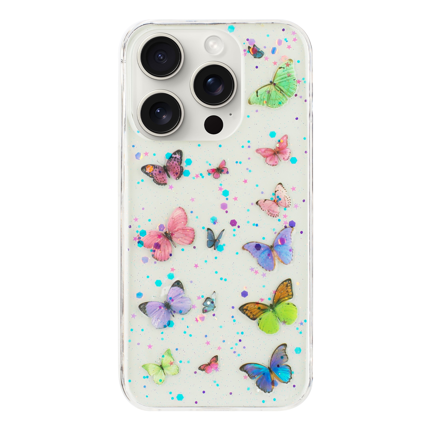 For iPhone 16 Pro Max Case Anti Drop TPU Phone Back Cover Epoxy Glitter Butterfly - Pink