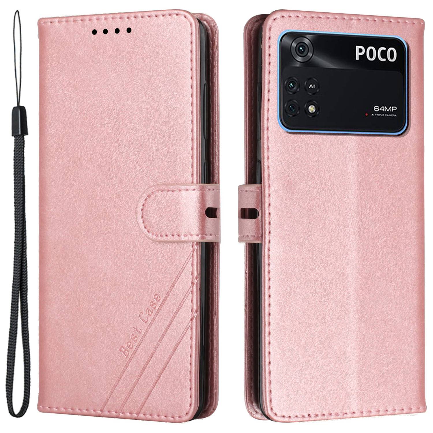 

Für Xiaomi Poco M4 Pro 4G Full Protection Cowhide Textur Leder Business Style Phone Hülle Leitung Eingeprägter Ständer Flip Wallet Wallet Mit Riemen - Rosa, Xiaomi Poco M4 Pro 4G