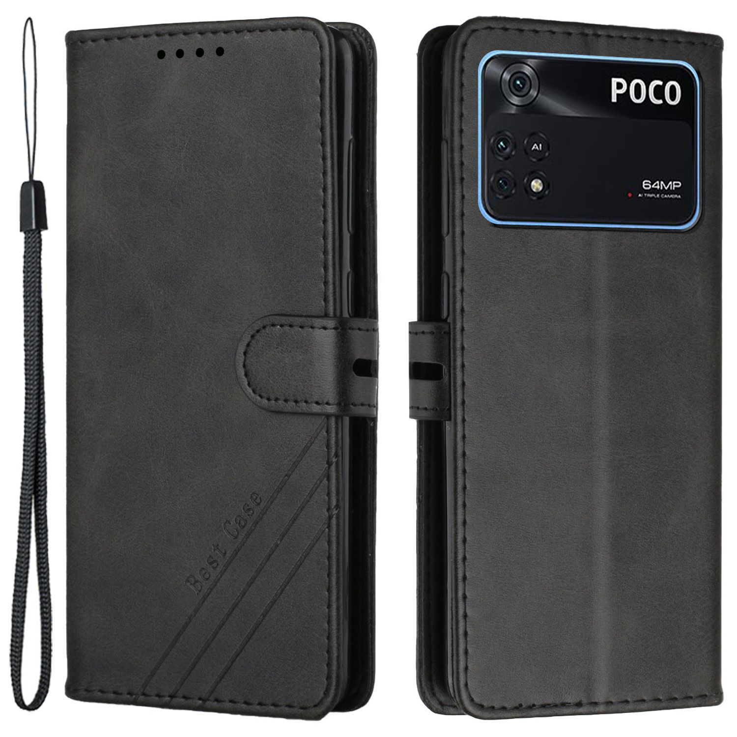 

Für Xiaomi Poco M4 Pro 4G Full Protection Cowhide Textur Leder Business Style Phone Hülle Leitung Eingeprägter Ständer Flip Wallet Wallet Mit Riemen - Schwarz, Xiaomi Poco M4 Pro 4G