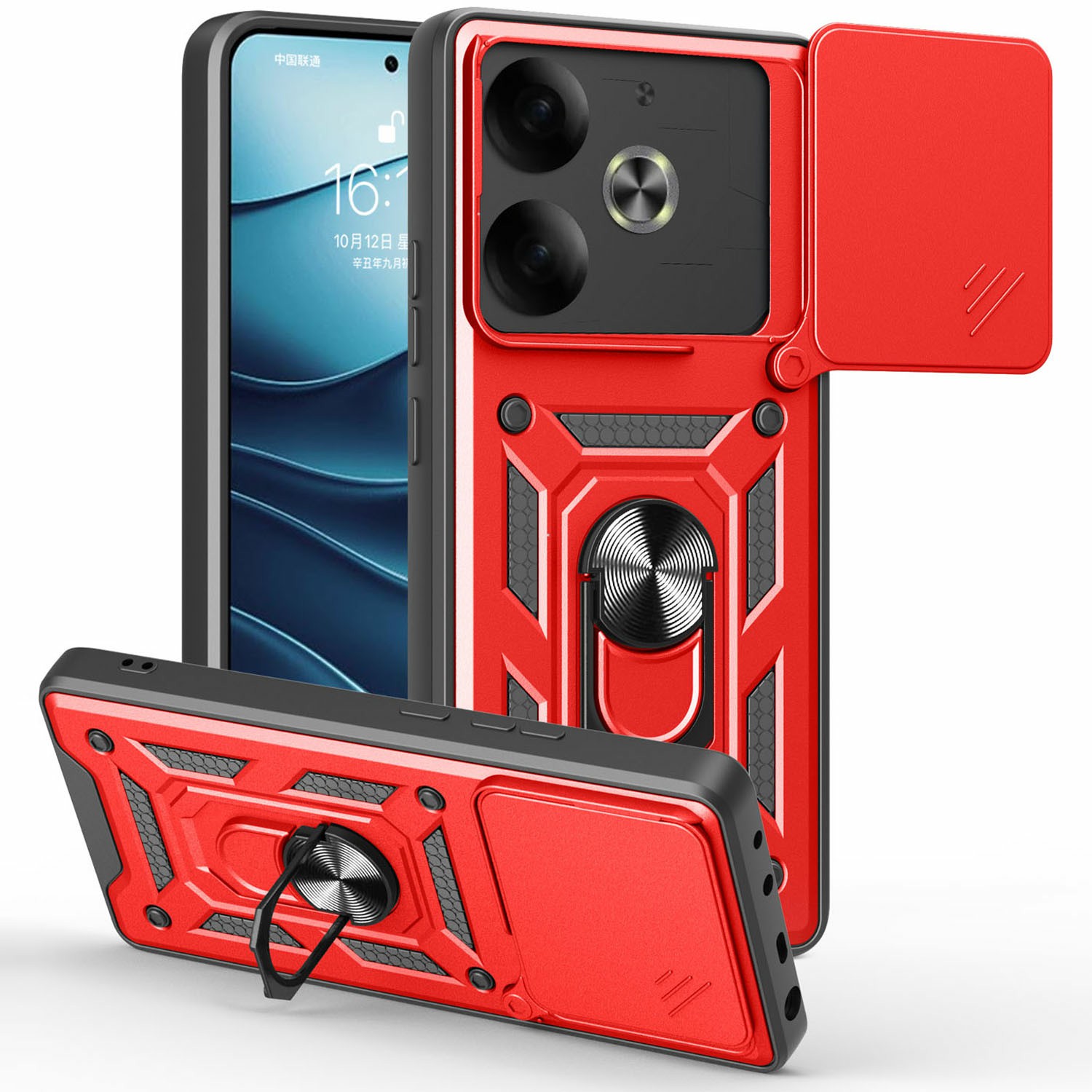 For TECNO Pova 6 4G Case with Slide Camera Lid PC+TPU Kickstand Phone Cover - Red
