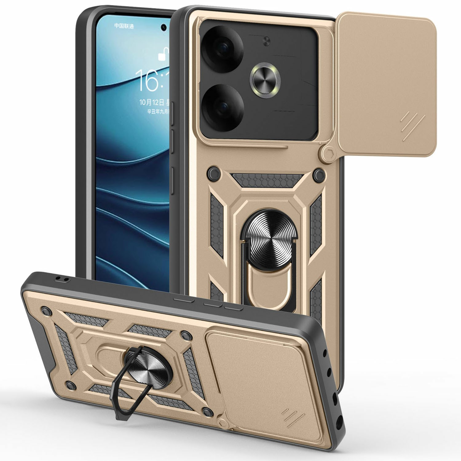 For TECNO Pova 6 4G Case with Slide Camera Lid PC+TPU Kickstand Phone Cover - Gold